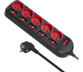 Maclean MCE204 černá, červená / Prodlužovací kabel / 5x zásuvka typ F / vypínač / 250V/10A / 1,5 m