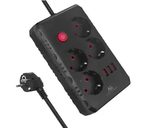 Maclean MCE393 B černá / Prodlužovací lišta / 4 zásuvky / 3x USB-A / 3 m / s vypínačem / 2500 W