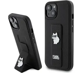 Karl Lagerfeld Gripstand Saffiano Choupette Pins černá / Zadní kryt pro Apple iPhone 15 Plus a 14 Plus
