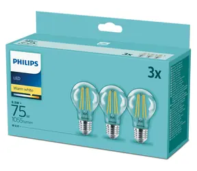 Philips LED Filament žárovka E27 75W 2700K, 3 ks / Žárovka / Sklo / Energetická třída E / 220-240 V