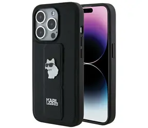 Karl Lagerfeld Saffiano Choupette Pins Gripstand černá / Zadní kryt / Apple iPhone 14 Pro / se stojánkem
