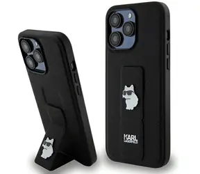 Karl Lagerfeld Gripstand Saffiano Choupette Pins černá / Kryt se stojánkem pro Apple iPhone 13 Pro Max / saffiano kůže