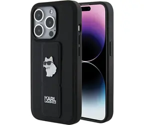 Karl Lagerfeld Saffiano Grip Stand Choupette Pins černá / Zadní kryt / Stojánek / MagSafe / iPhone 15 Pro Max