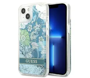 GUESS Liquid Glitter Flower Apple iPhone 13 mini zelená / Pouzdro / Třpytivá tekutina s květinovým motivem