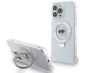 Karl Lagerfeld Ring Stand Karl Head MagSafe bílá / Kryt pro Apple iPhone 15 Pro / Tvrzený plast / Otočný stojánek