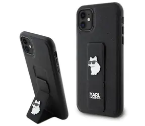 Karl Lagerfeld Gripstand Saffiano Choupette Pins černá / Zadní kryt pro Apple iPhone 11 a XR / Se stojánkem