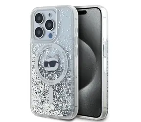Karl Lagerfeld Liquid Glitter Choupette Head čirá / Kryt pro Apple iPhone 14 Pro / MagSafe