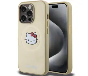 Hello Kitty Kitty Head Leather MagSafe kryt pro iPhone 15 Pro zlatá / Pouzdro / Kožené / MagSafe