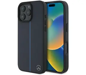 Mercedes Blue Line Leather MagSafe pro iPhone 16 Pro Max tmavě modrá / Zadní kryt / Kožený