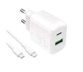 Puro PRO LITE bílá / Síťová nabíječka / USB-A + USB-C / PD 30W / kabel USB-C-USB-C 1,2m