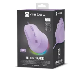 Natec Crake 2 PRO fialová / Vertikální myš / Optická / Drátová USB-A / 12 400 DPI / 6 tlačítek / Pro praváky