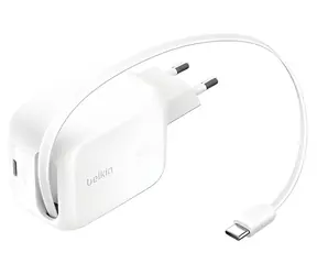 Belkin BOOST CHARGE PRO WCH023kqWH bílá / Nabíječka / 2x USB-C / 45W / GaN / se zatahovacím kabelem
