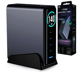 3mk InCharge Lumin Desktop 140W černá / Nabíječka / GaN3 / TFT displej / 1x USB-A + 4x USB-C / PD3.2 / QC5