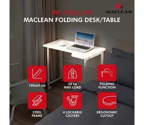 Maclean MC-1250 L/W bílá / Skládací stůl / mobilní / 100x65 cm / rohový, L-tvar / nosnost 50 kg