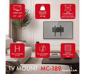 Maclean MC-189 černá / Nástěnný držák pro TV / 13-43" / VESA 200x200 / nosnost 45 kg / naklápění