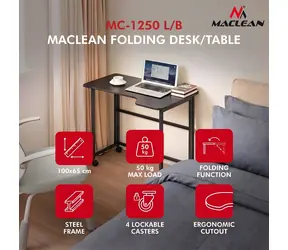 Maclean MC-1250 L/B černá / Skládací stůl / mobilní / 100x65 cm / rohový, L-tvar / nosnost 50 kg