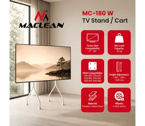 Maclean MC-180 W bílá / Pojízdný stojan pro TV / 37-80" / VESA 600x400 / nosnost 50 kg / výškově nastavitelný
