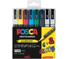 POSCA PC-3M 6+2 / Akrylový popisovač / Sada 8 barev
