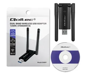 Qoltec 56987 / WiFi adaptér / USB 3.0 / AC / DUAL band / anténa 2x2dBi / 1200 Mbps
