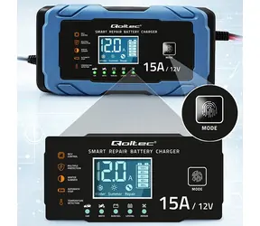 Qoltec Nabíječka autobaterií 12V 15A / Nabíječka / AGM/GEL/LiFePO4 / 9-stupňové nabíjení / funkce obnovy baterie