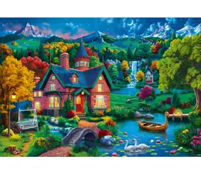 BLUEBIRD Puzzle Barevný dům u jezera / 1000 dílků / 69 x 47,8 cm