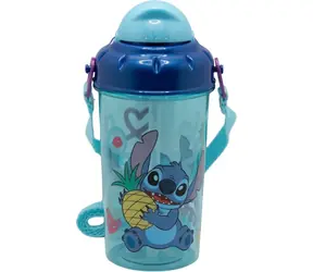 STOR Láhev na pití s popruhem Stitch 465 ml / Plast bez BPA / Se slámkou a víčkem
