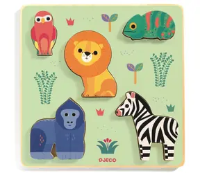 DJECO Vkládačka Safari / Vkládací puzzle / 5 dílků / přírodní materiál / od 12 měsíců