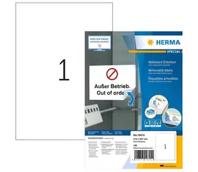 HERMA Etikety A4 210x297 mm / bílé, snímatelné / 100 listů / 100 ks