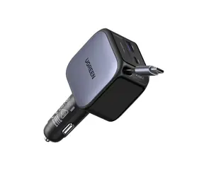 UGREEN rychlonabíječka do auta se zatahovacím kabelem stříbrná / Nabíječka do auta / 145 W / GaN / 2x USB-C / USB-A