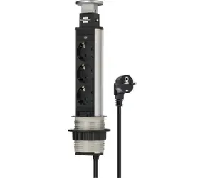 Brennenstuhl Tower Power stříbrno-černá / Stolní zásuvkový blok / 3 zásuvky / 2 m / hliník / 16 A