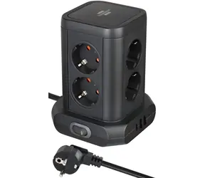 Brennenstuhl Tower Power černá / Stolní zásuvková věž / 8x zásuvka / 2x USB-A / USB-C / 2m kabel