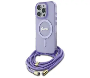 Guess Crossbody Cord Script fialová / Pouzdro / Apple iPhone 16 Pro / MagSafe