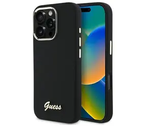 GUESS Silicone Script Metal Logo & Frame Zadní Kryt pro Apple iPhone 16 Pro Max černá