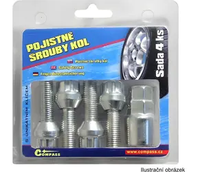 Compass Pojistné šrouby kol M14x1,50x26 mm kulové sedlo / Pojistné šrouby / sada 4 ks + klíč / pro Škoda, VW, Audi, Seat