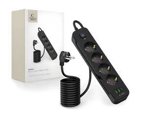 Tech-Protect PCL4X3 černá / Prodlužovací kabel / 4x 240V / 2x USB-A / 1x USB-C / 200 cm