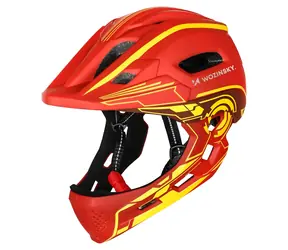 WOZINSKY Dětská cyklistická přilba Full Face červená a žlutá / USB zadní světlo / velikost S