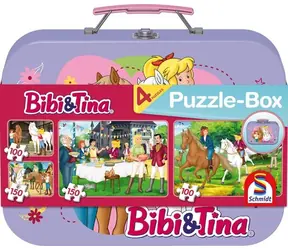 SCHMIDT Puzzle Bibi&Tina 4v1 v plechovém kufříku / 2x 100 a 2x 150 dílků / 36x24 cm
