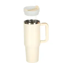 KIK krémová / Termohrnek s brčkem / 1200 ml / dvojitá stěna / brčko