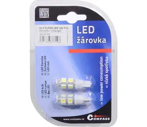 Compass LED autožárovka T10 bílá 2ks / Žárovka / 12V / 9x LED / 180lm / patice T10