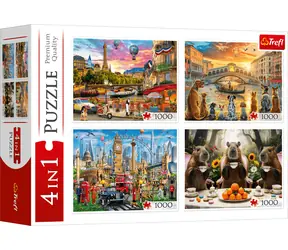 TREFL Puzzle Malovaná města a Kapybary / 4x1000 dílků / 68,3 x 48 cm