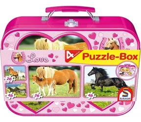 SCHMIDT Puzzle Koně 4v1 / 26+26+48+48 dílků / plechový kufřík