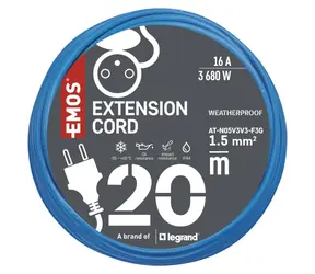 EMOS Prodlužovací kabel 20 m modrá / Prodlužovací kabel / 1 zásuvka / IP44 / 16 A / 1,5 mm2