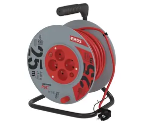 EMOS prodlužovací kabel na bubnu 25 m červený / Prodlužovací kabel / 4 zásuvky / s vypínačem / 1,5 mm2 / IP20