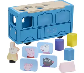 CHARACTER Dřevěná vkládačka Prasátko Peppa Školní autobus / Dřevěná hračka / 4 vkládací tvary / FSC dřevo / od 2 let