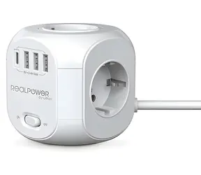 RealPower PowerBox 431 bílá / Prodlužovací kostka / 4x 230V / 3x USB-A / USB-C / 1,8 m
