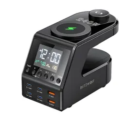 BlitzWolf BW-FW10 černá / Nabíjecí budík / 240W / 2x USB-A + 4x USB-C / bezdrátové nabíjení