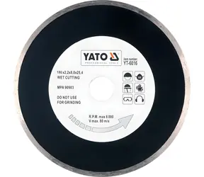 YATO Kotouč diamantový řezný 180x25,4 mm hladký / Mokré řezání / Keramika, sklo, porcelán / Max. 8000 ot/min