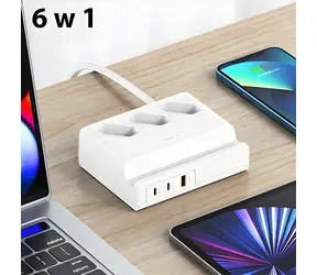 USAMS CC160TC01 bílá / Síťový prodlužovací adaptér / 3x AC EU / 2x USB-C, USB-A / 65W / 2 m kabel