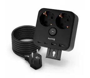 Huslog nabíjecí stanice 15W černá / 2x zásuvka 230V / 2x USB-C / 2x USB-A / Držák na telefon