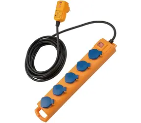 Brennenstuhl Super-Solid SL544 modrá/žlutá / Prodlužovací přívod / 5 zásuvek / vypínač / FI 30mA / IP54 / 5 m